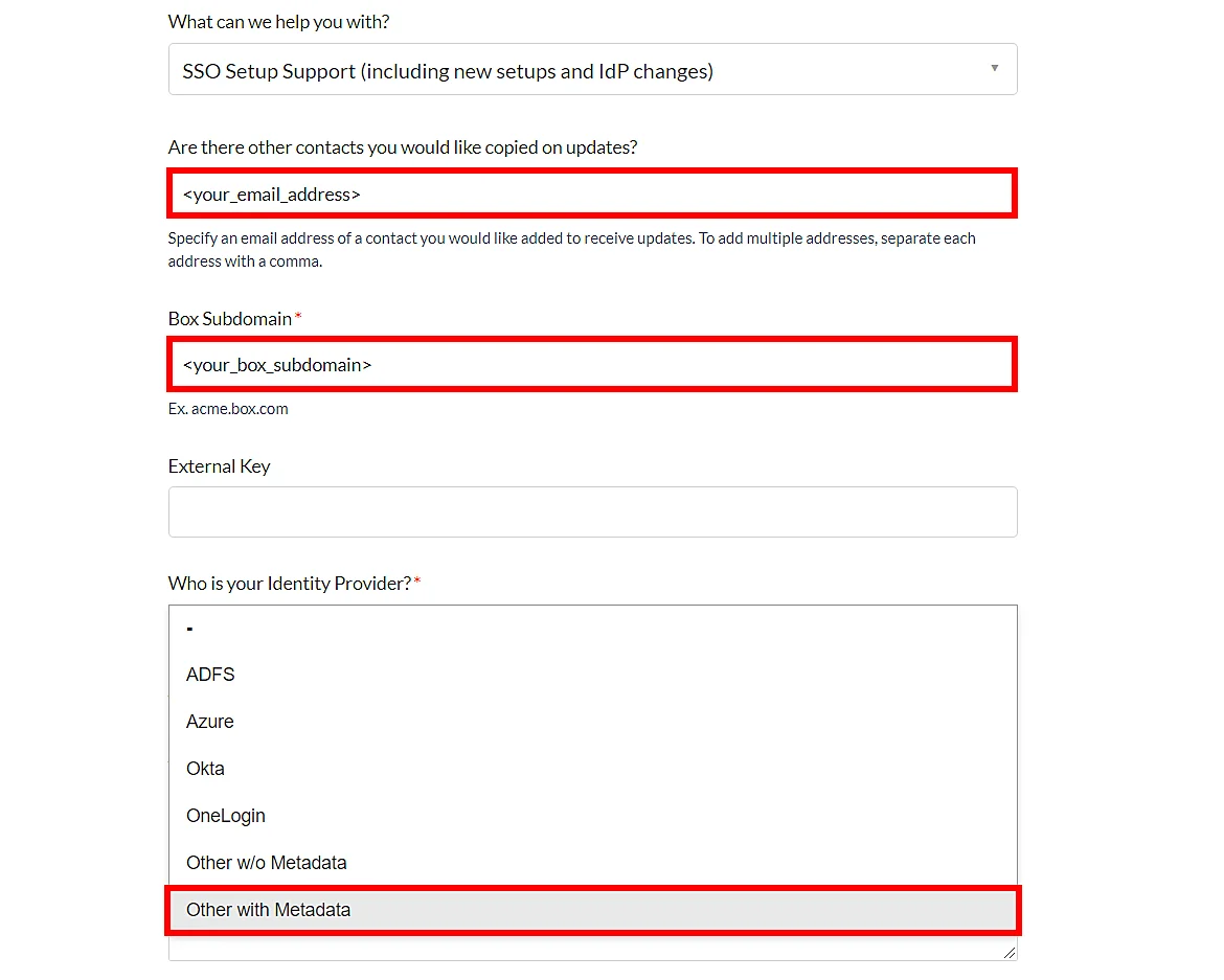 Box Single Sign On (sso) configure metadata