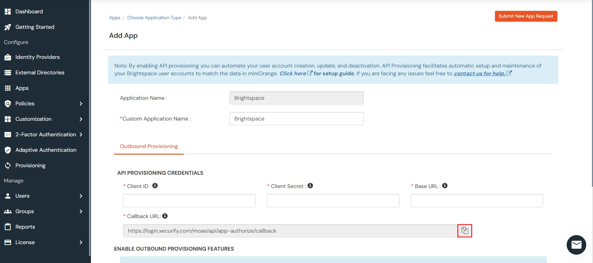 Brightspace Provisioning : miniOrange dashboard - Copy Callback URL