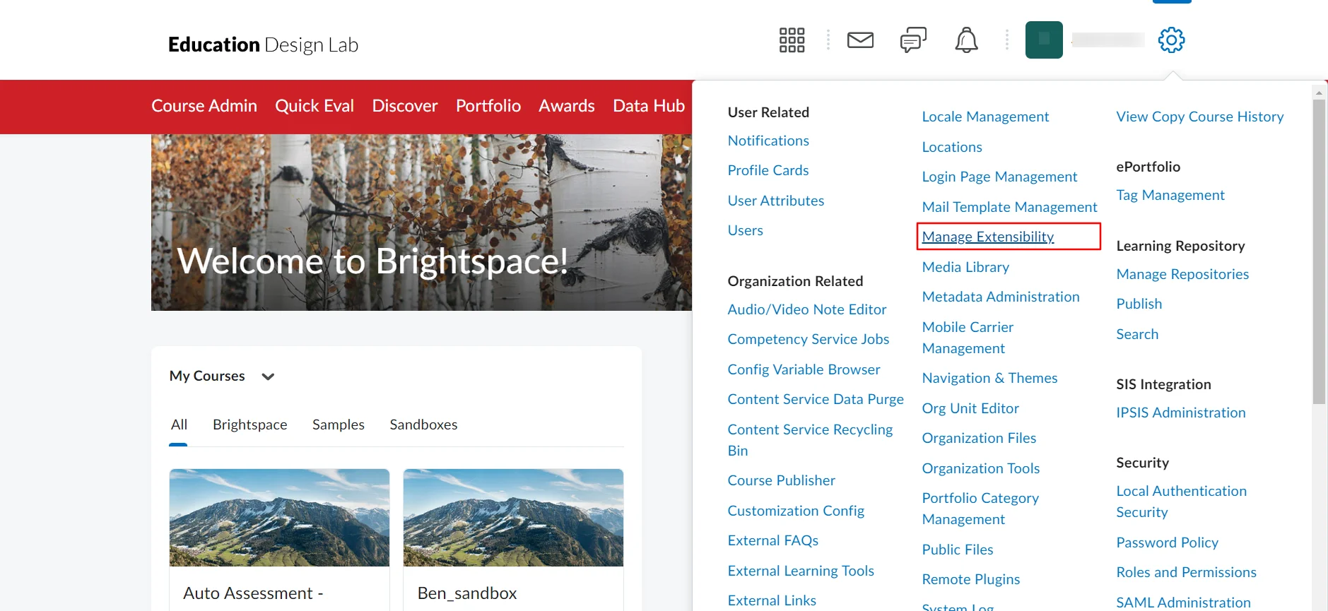 Brightspace Provisioning : Brightspace admin dashboard click on Manage Extensibility