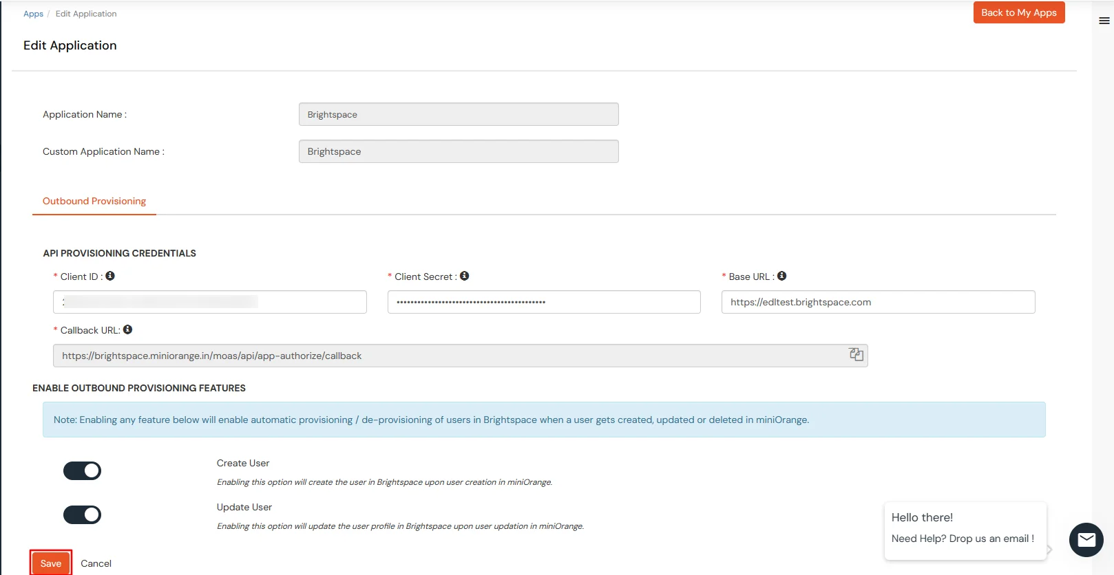 Brightspace Provisioning : miniOrange dashboard - In Edit Application enter the required details in given fields