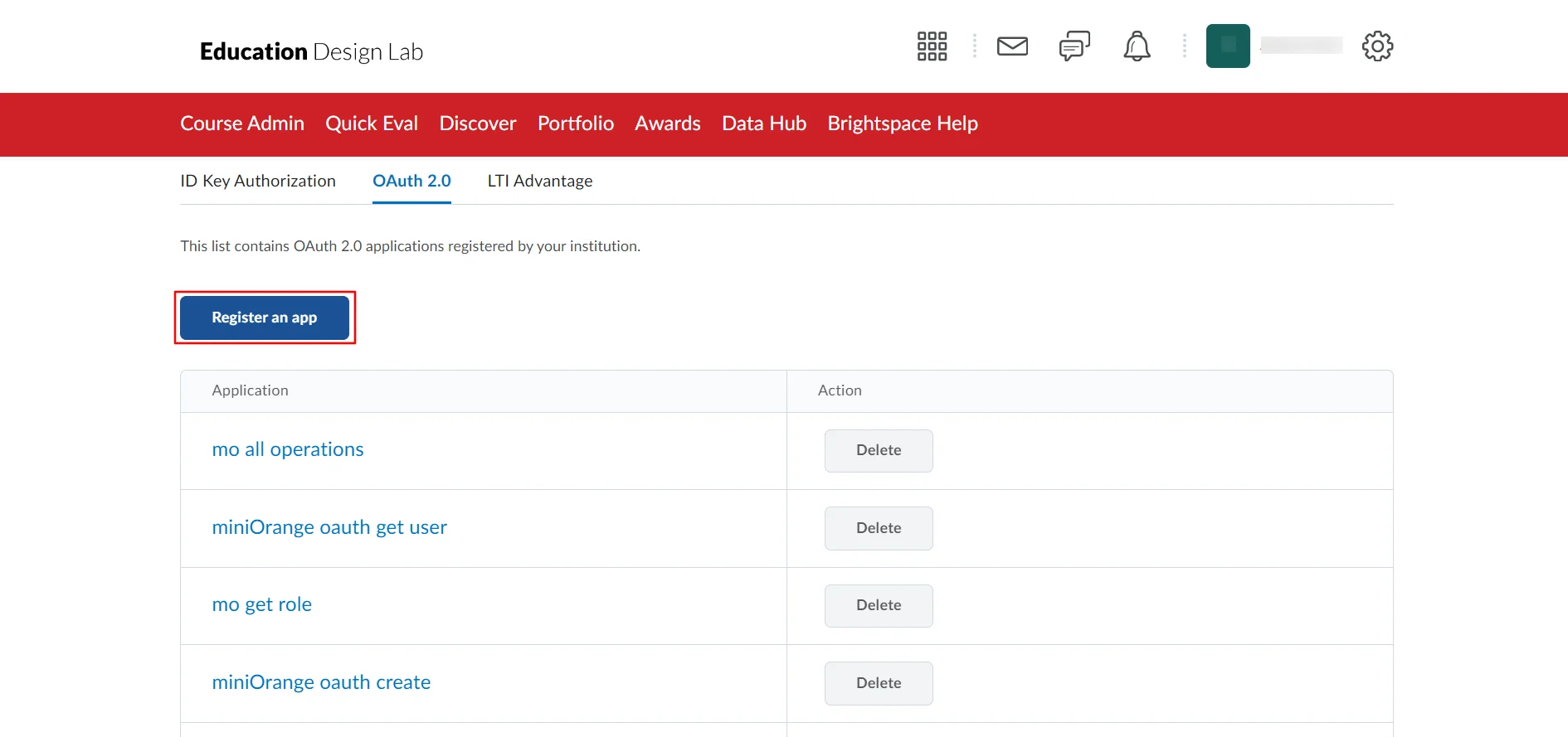 Brightspace Provisioning : Select OAuth 2.0 - Click Register an app button