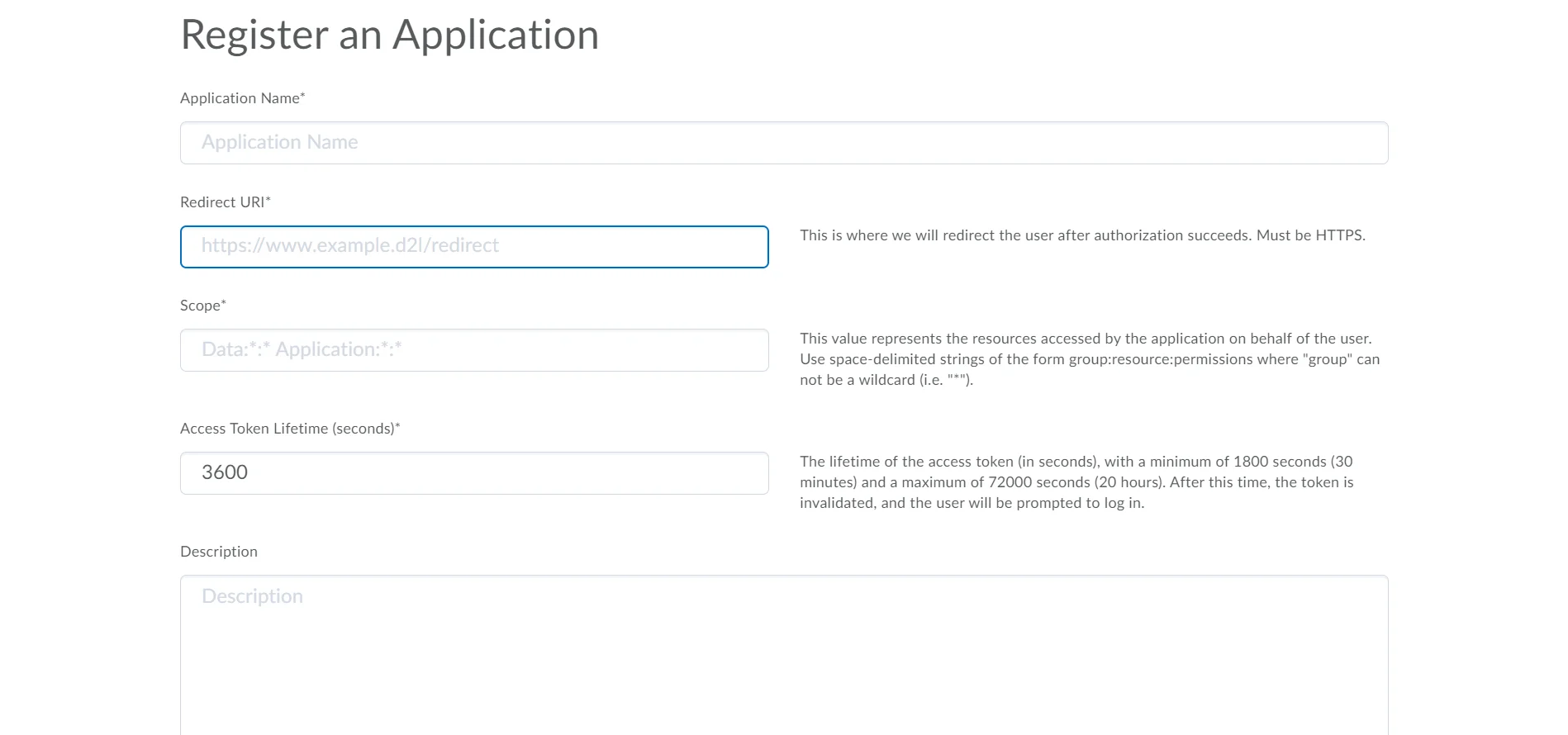 Brightspace Provisioning : In Register an Applicaiton enter the required details
