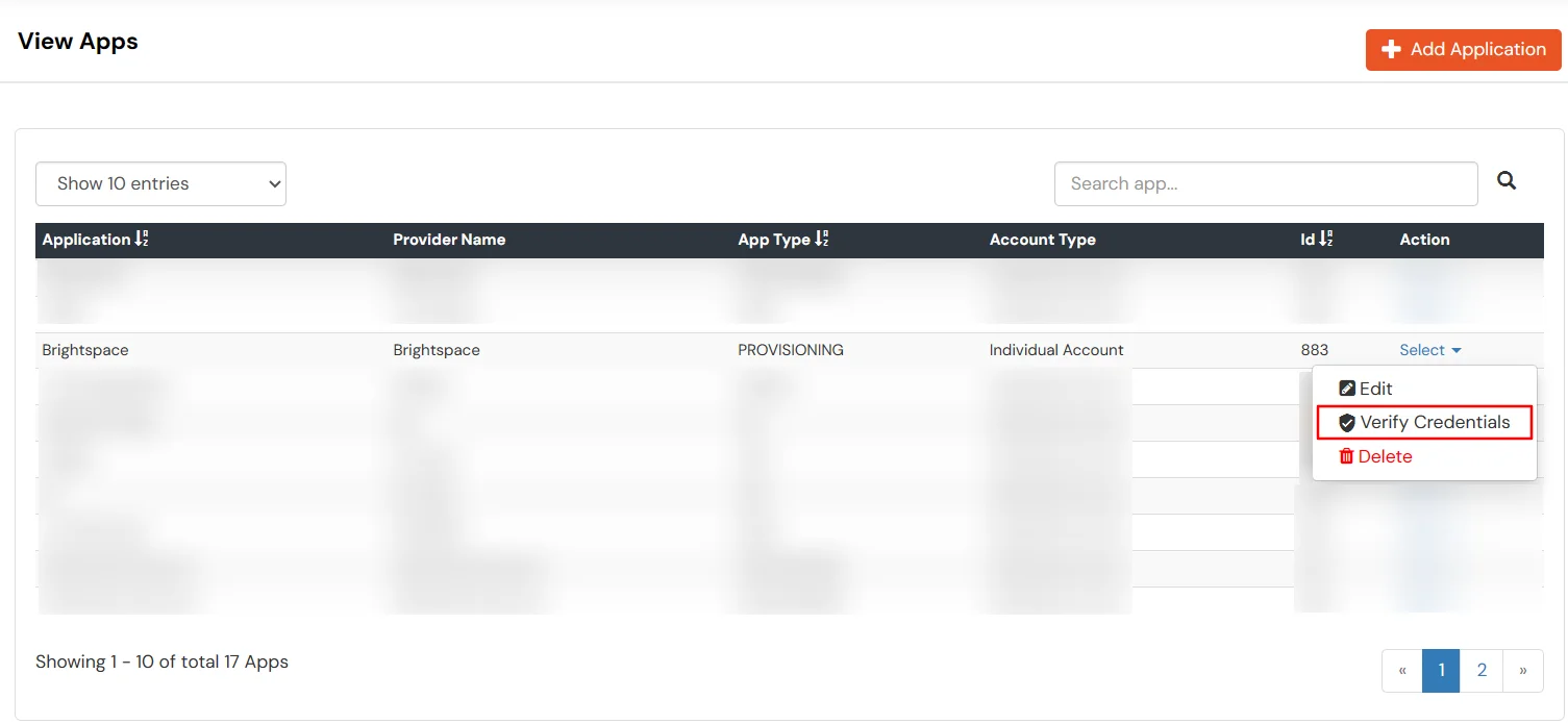 Brightspace Provisioning : Beside the Brightspace Application click Select -> Verify Credentials