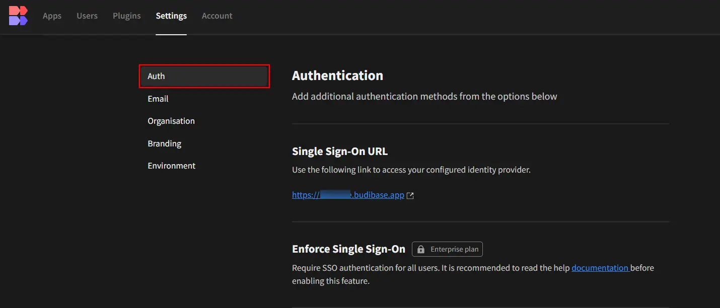Budibase Single Sign-On (SSO) login Navigate to Settings then Auth