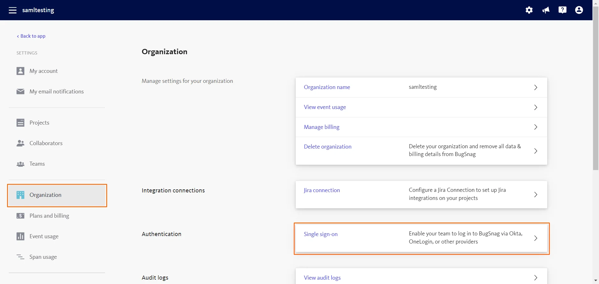 BugSnag single sign-on click Organization
