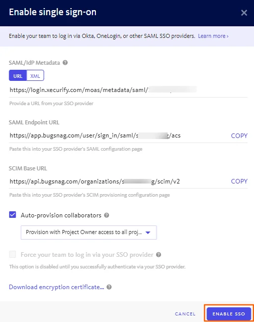 BugSnag single sign-on (sso) provide metadata url