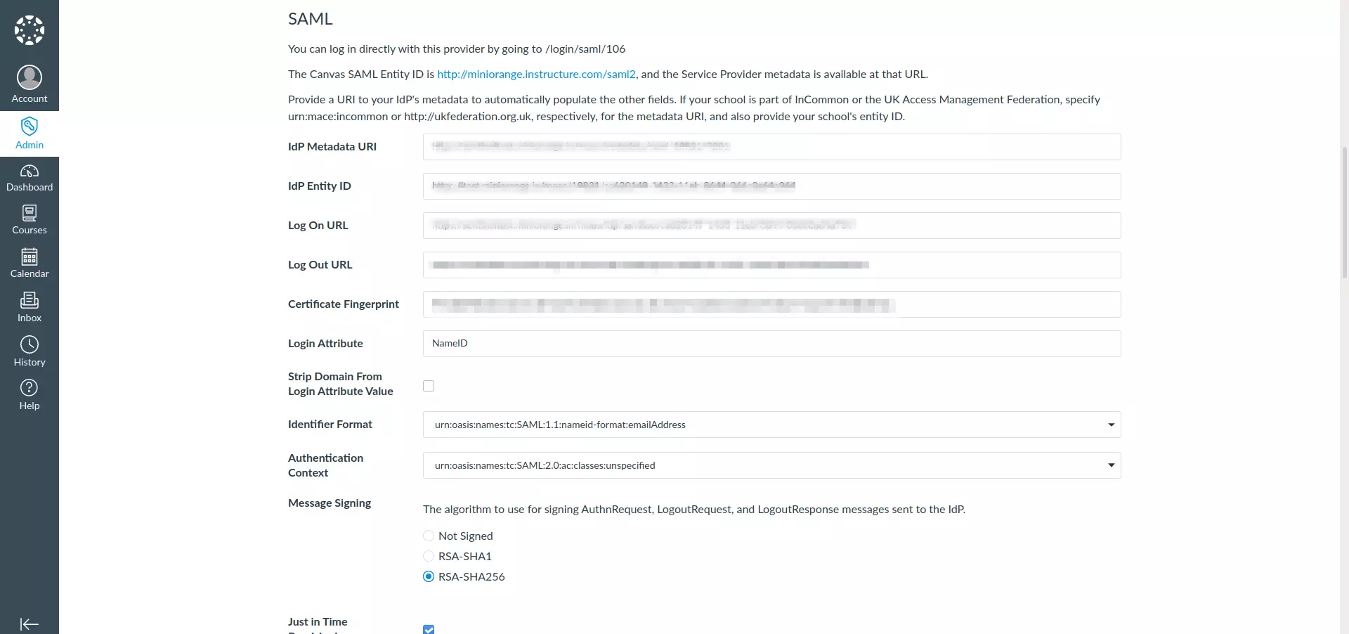 Canvas Single Sign on (SSO) configured settings