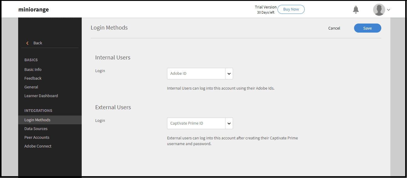 Adobe Captivate Single Sign On (sso) admin panel