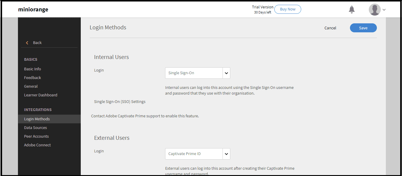 Adobe Captivate Single Sign On (sso) login methods