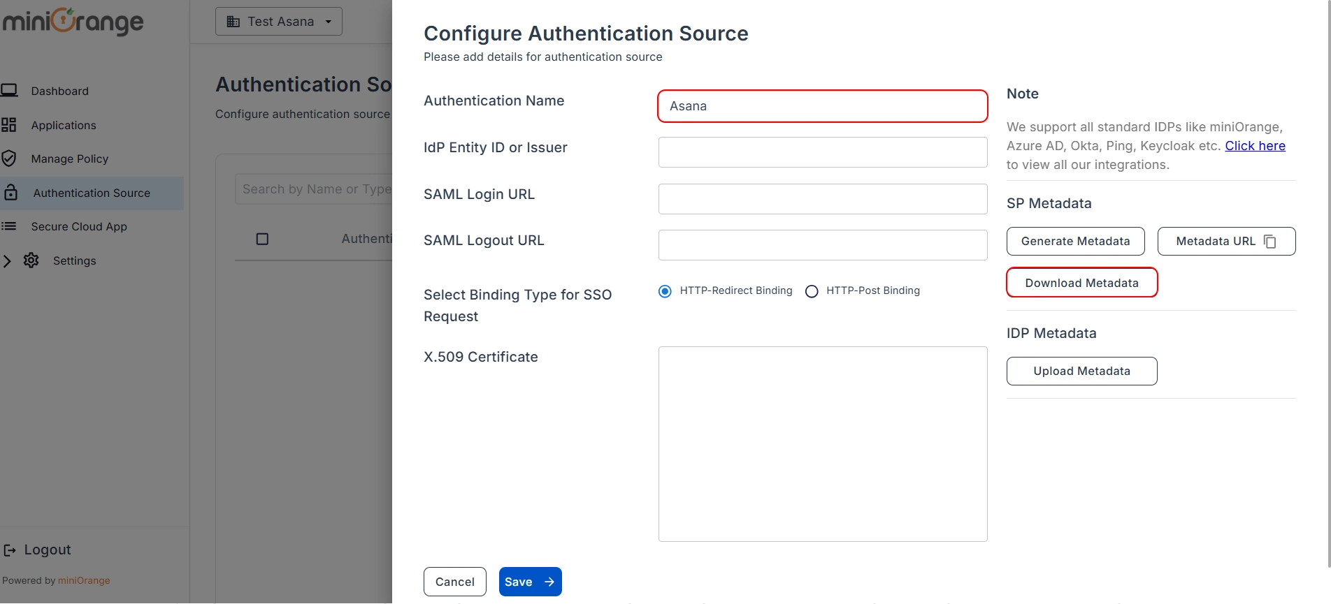 Asana workspace security CASB Authentication Generate Metadata