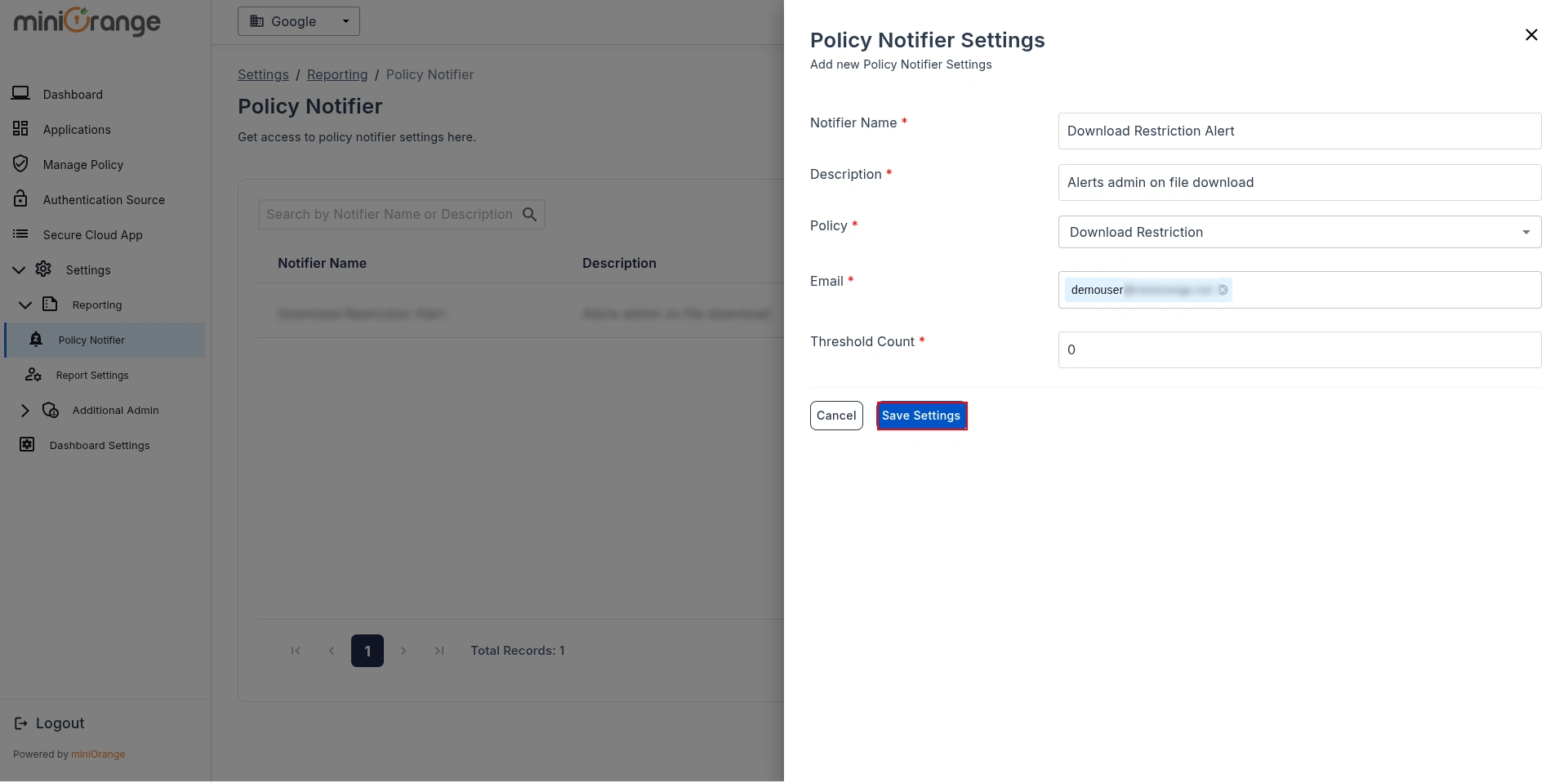 CASB Policy Notification Configuration for Google Drive File Restriction Monitoring