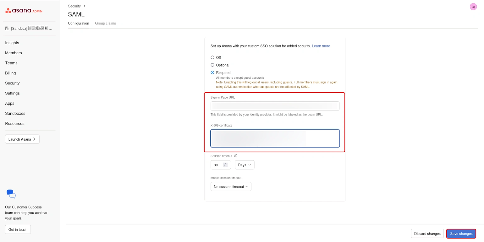Asana workspace security CASB SAML Profile IDP Details