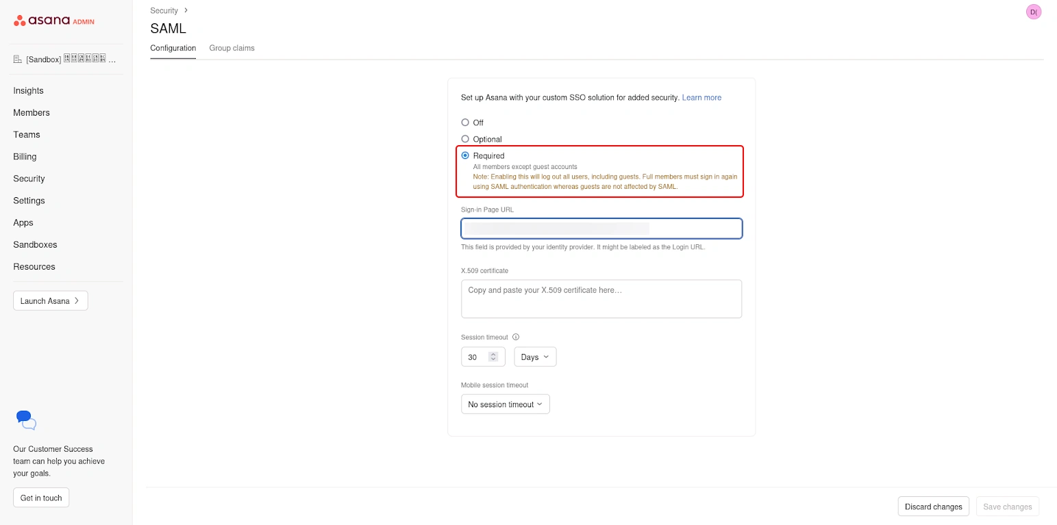 Asana workspace security View IDP Metadata Asana CASB