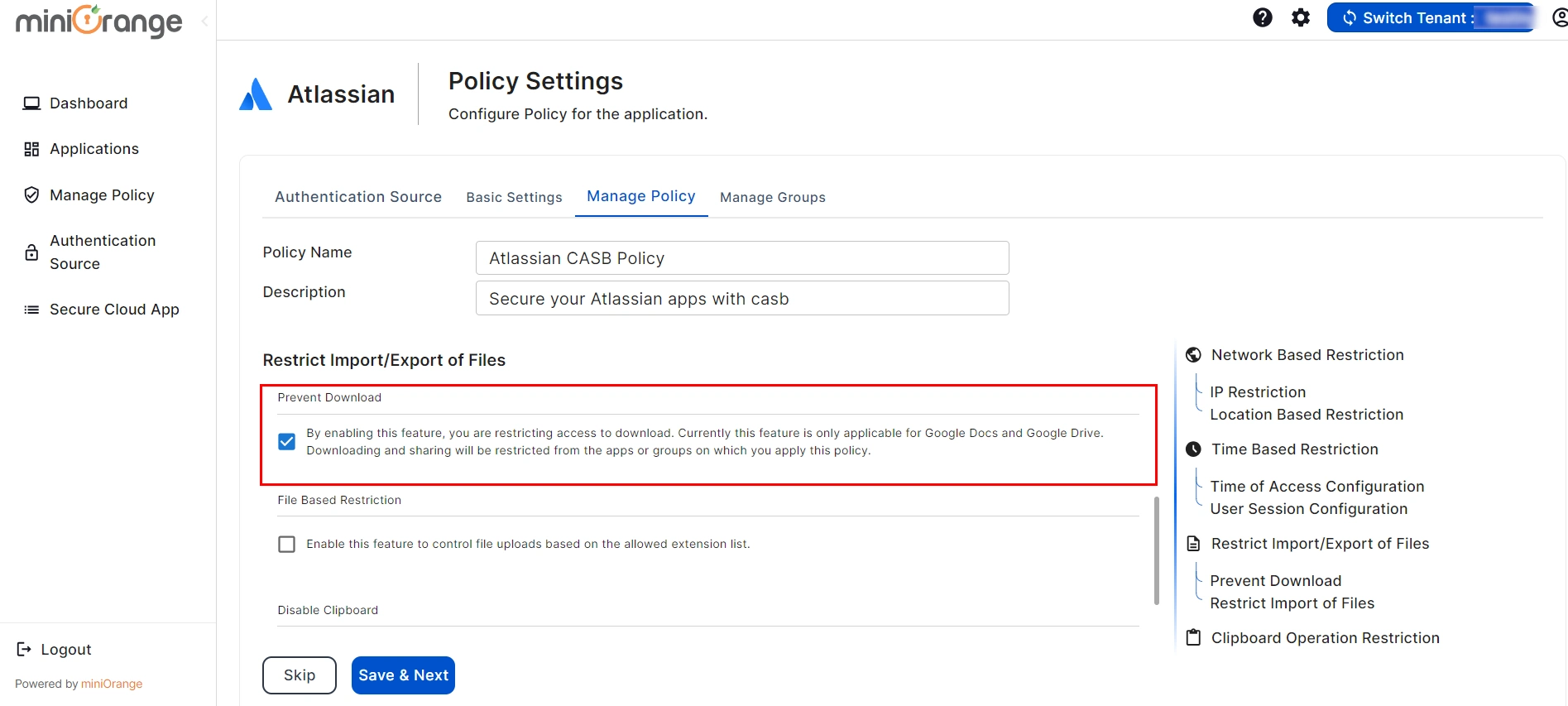setup atlassian CASB- click on Prevent Download