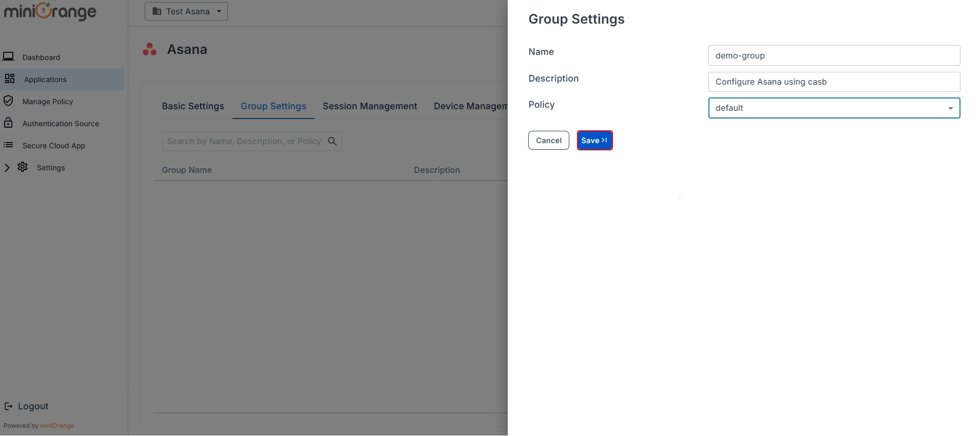 Asana workspace security CASB - Group Name