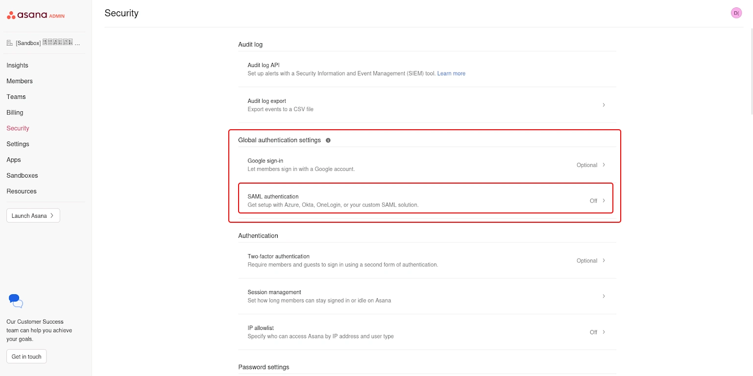 Asana workspace security Add SAML SSO profile IDP
