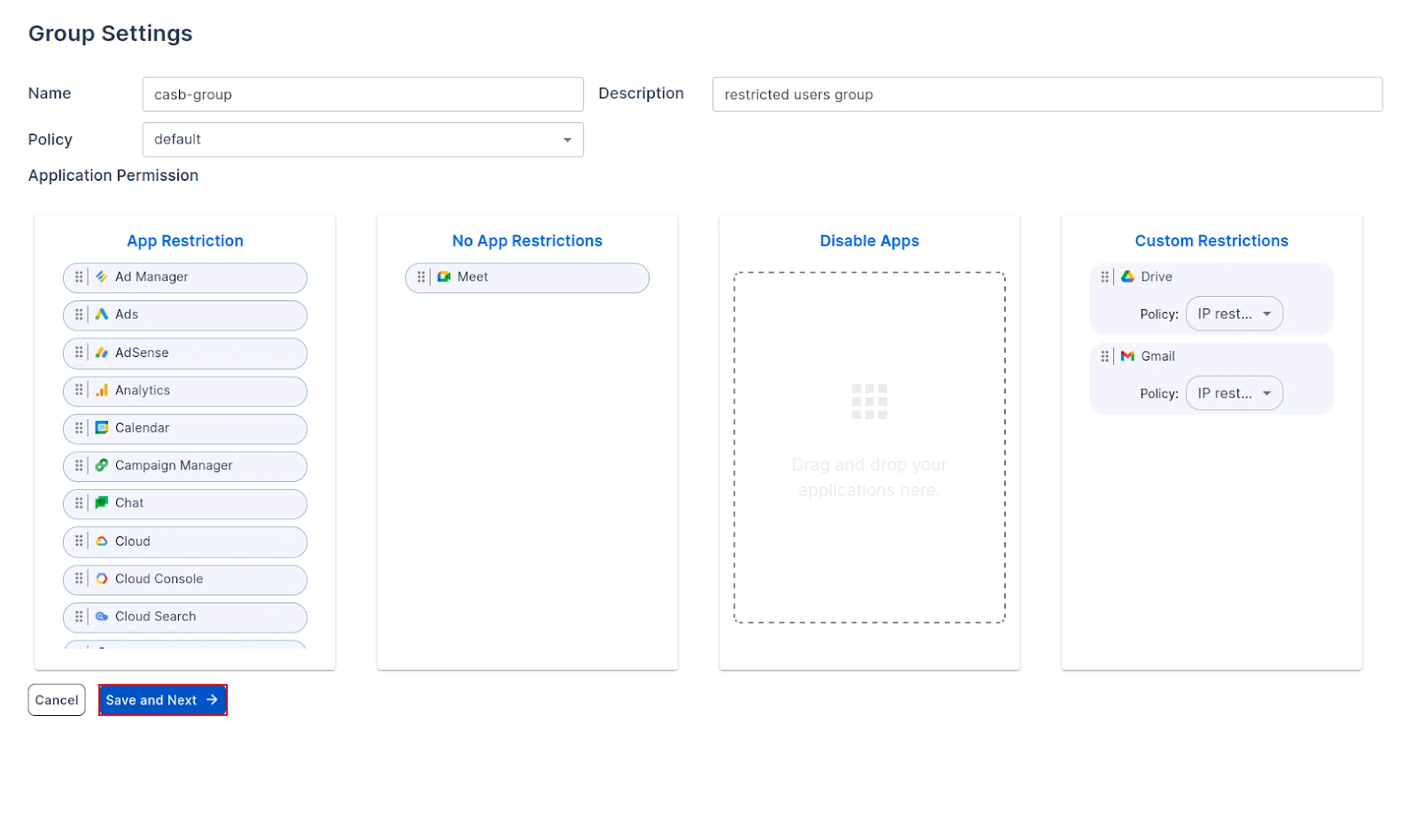 CASB Custom App Restriction Settings for Google Workspace Applications