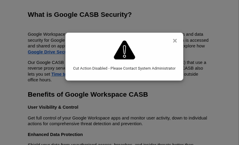 Google Docs Cut Action Disabled Warning Message