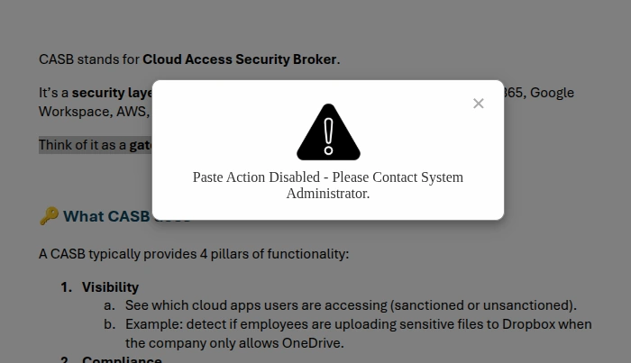 Microsoft Word Paste Action Disabled Warning Message - CASB Security Enforcement
