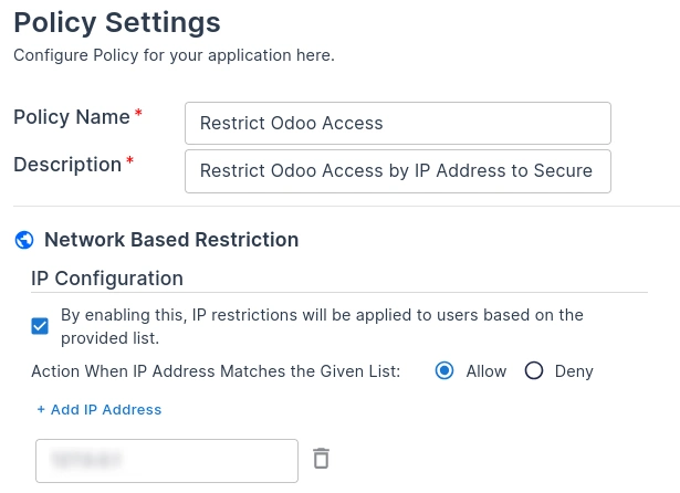 Odoo IP restriction policy configuration - CASB network access control setup