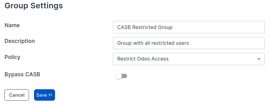 Odoo ERP IP restriction group settings - CASB user group policy assignment