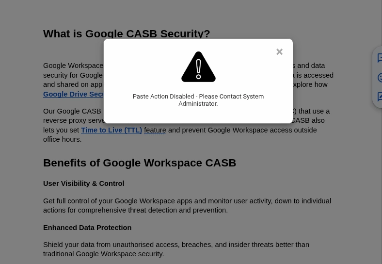Google Docs Paste Action Disabled Warning Message