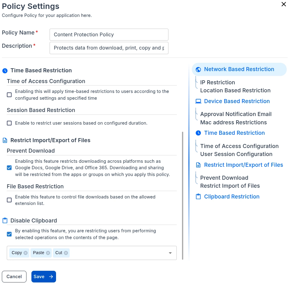 miniOrange CASB Policy Settings for Microsoft 365 File Restriction Configuration - Copy Paste Print Download Controls