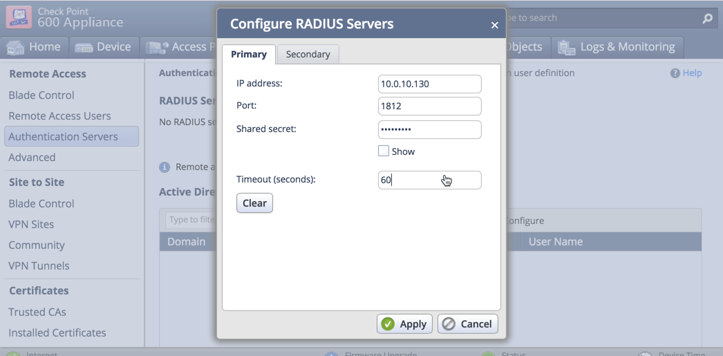 Two-Factor Authentication 2FA / MFA for Check Point VPN : Configure RADIUS Server form