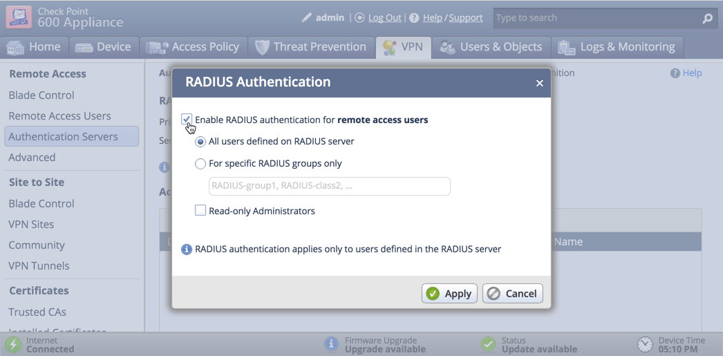 Two-Factor Authentication 2FA / MFA for Check Point VPN : Enable Radius authentication for remote access users