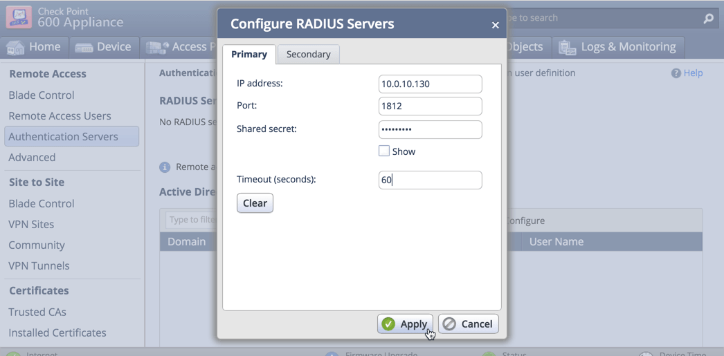 Two-Factor Authentication 2FA / MFA for Check Point VPN : Save RADIUS server 