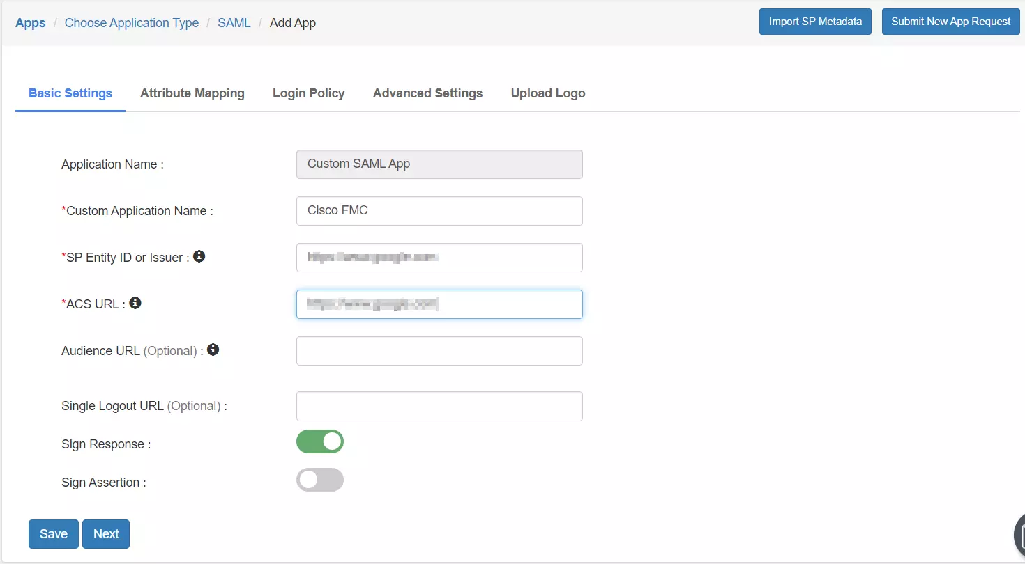 Cisco Firepower Management Center SAML Single Sign-On (sso) data