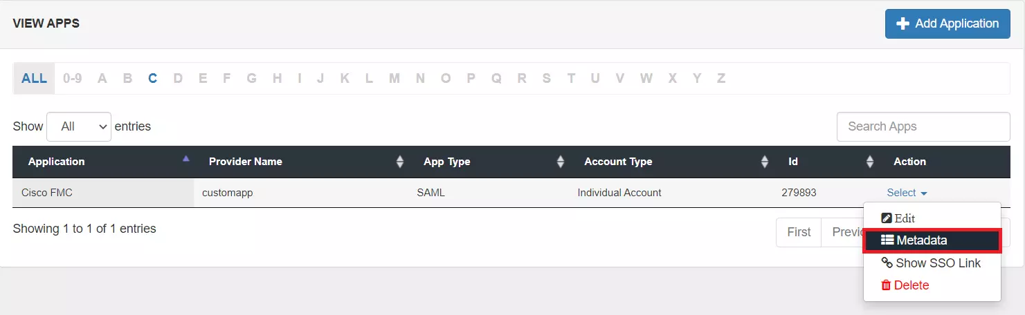 Cisco Firepower Management Center SAML Single Sign-On (sso) Select Metadata