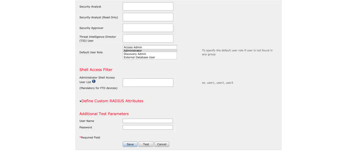 MFA 2FA two-factor authentication for Cisco Firepower Management Center : Test parameters