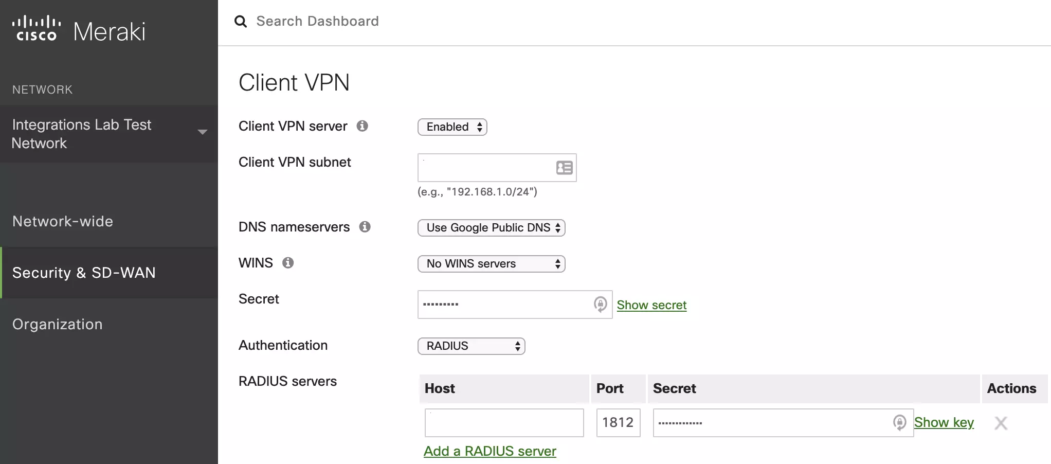 Add Radius Server for Cisco Meraki Client VPN 2FA 