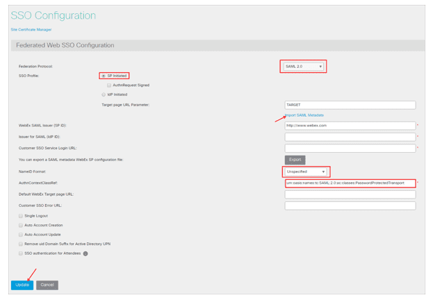 Cisco Webex Single Sign On (sso) saml sso settings