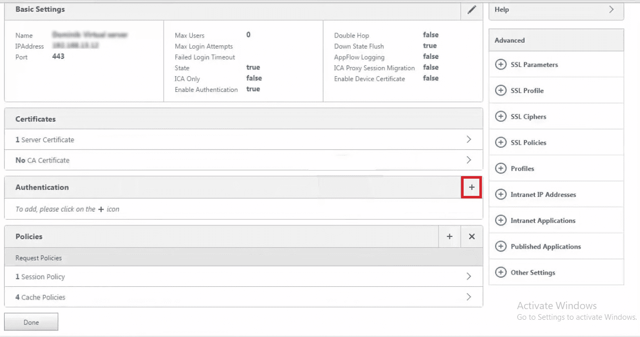 Edit virtual server basic Citrix Multifactor Authentication settings