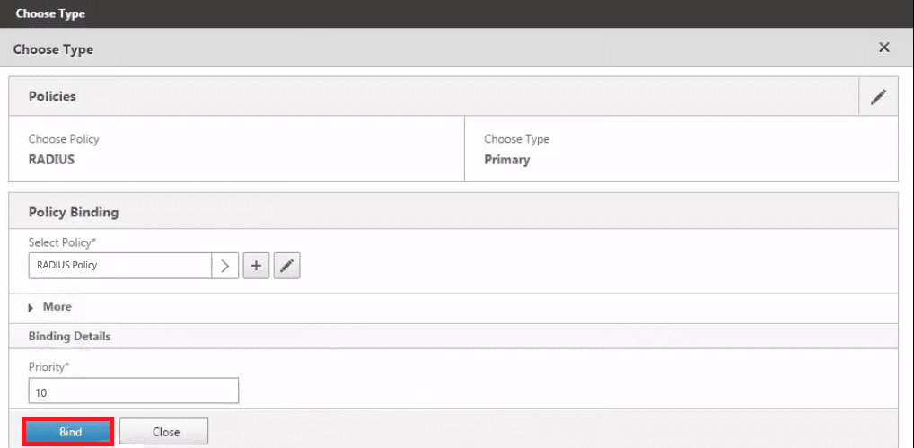 policy bind choose type in citrix MFA gateway