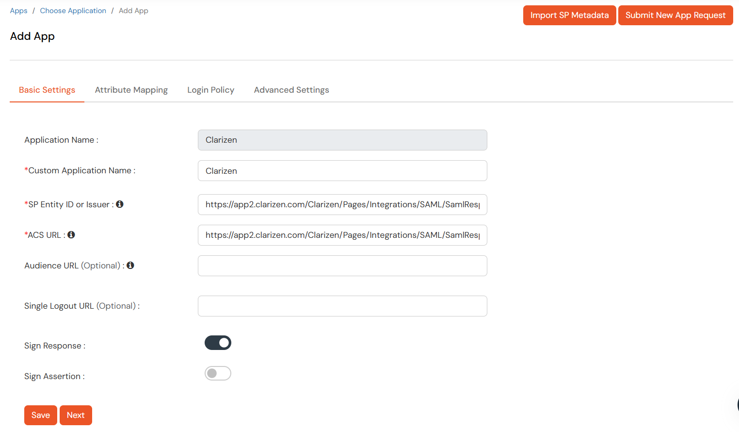 Clarizen Single Sign-On (sso): Enter the following details