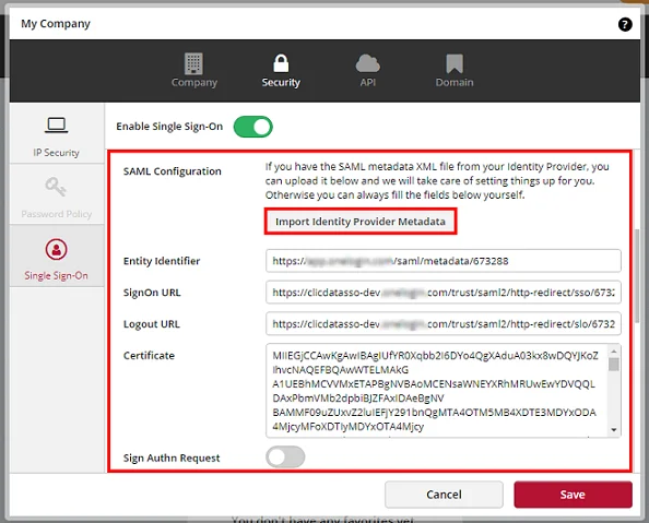 ClicData Single Sign-On (sso) Admin Dashboard