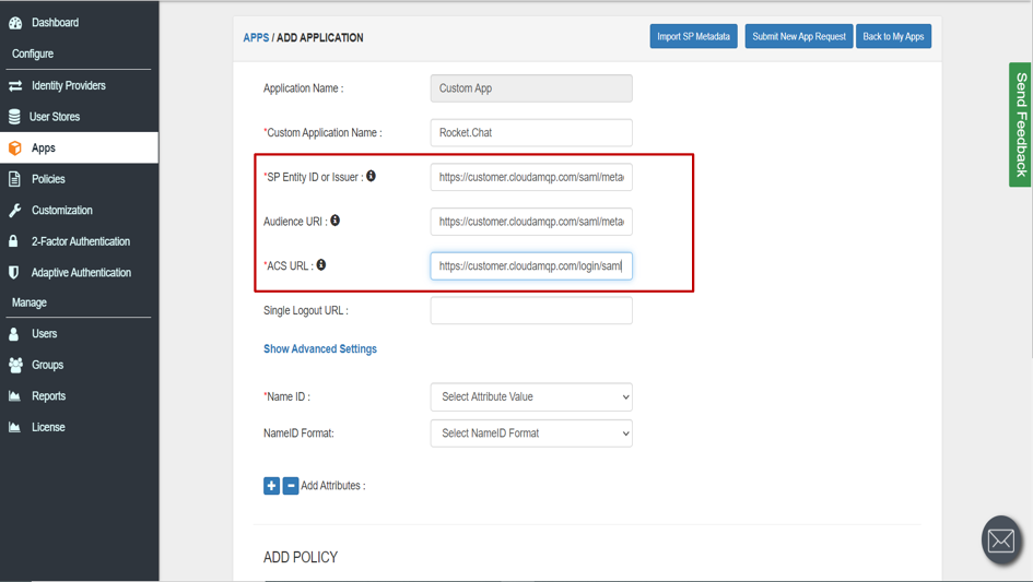 CloudAMQP Single Sign-On (sso) Add SAML Application