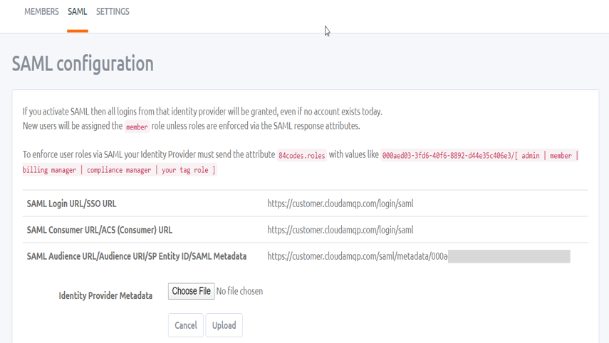 CloudAMQP Single Sign On (sso) SAML tab