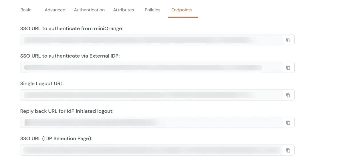 miniOrange Identity Platform Admin Handbook: Navigate to Endpoints and copy the following URLs