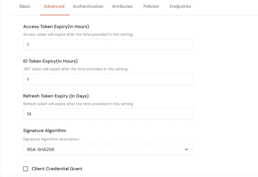 miniOrange Identity Platform Admin Handbook: Go to the Advanced tab to set token expiry times.