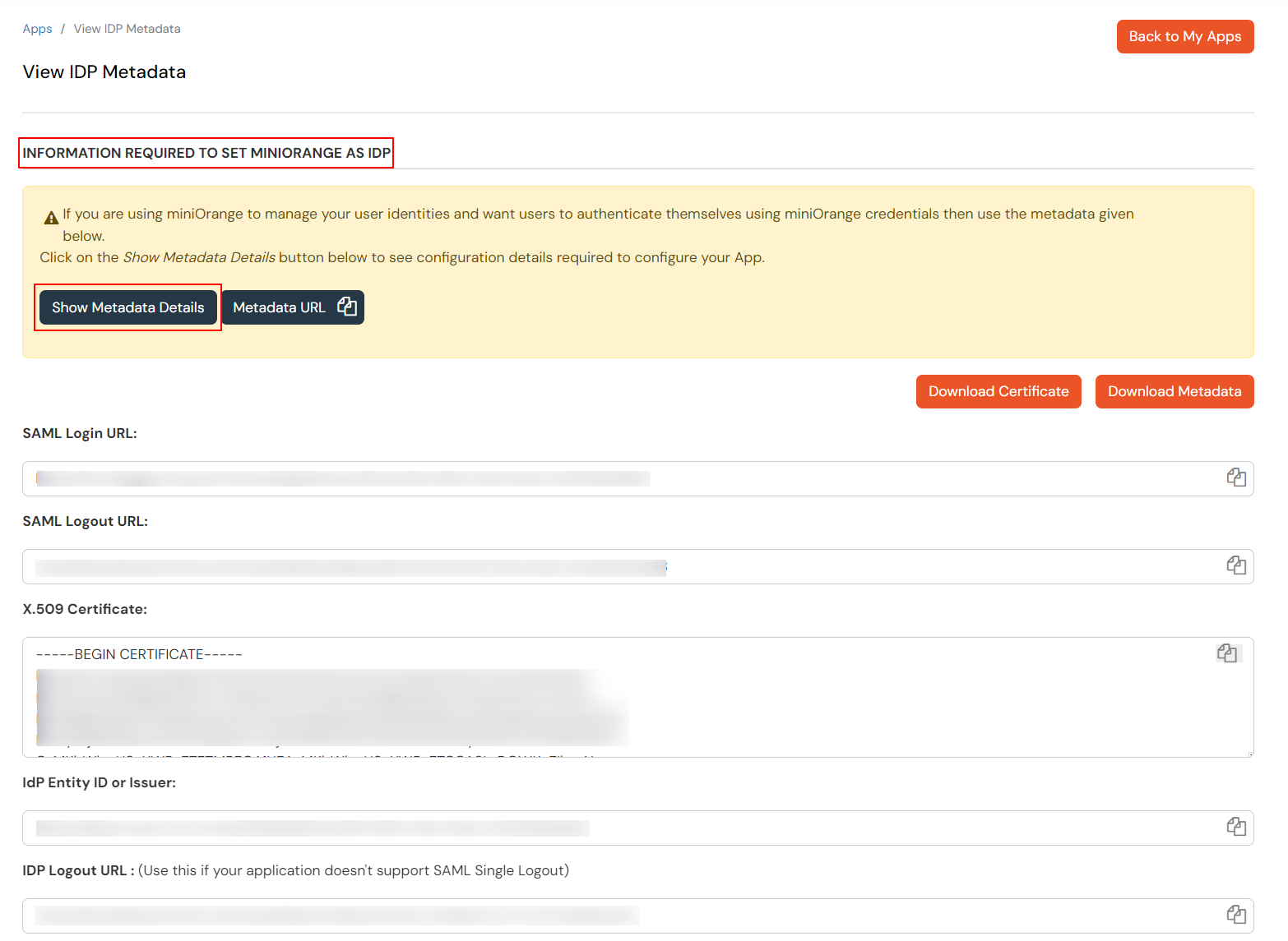 Configure Black Duck Single Sign-On (SSO): Select Metadata details external IDP or miniOrange as IDP