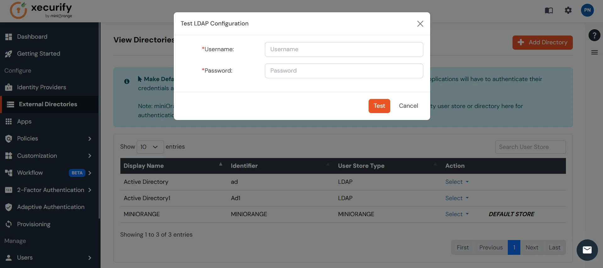 Absorb LMS : Enter username and password to test LDAP connection