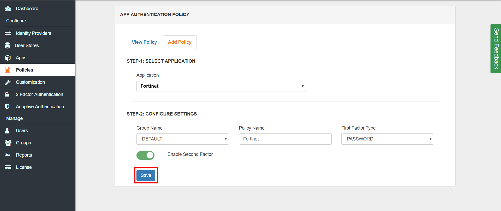 MFA/Two Factor Authentication(2FA) for Fortinet Fortigate App Add Policy
