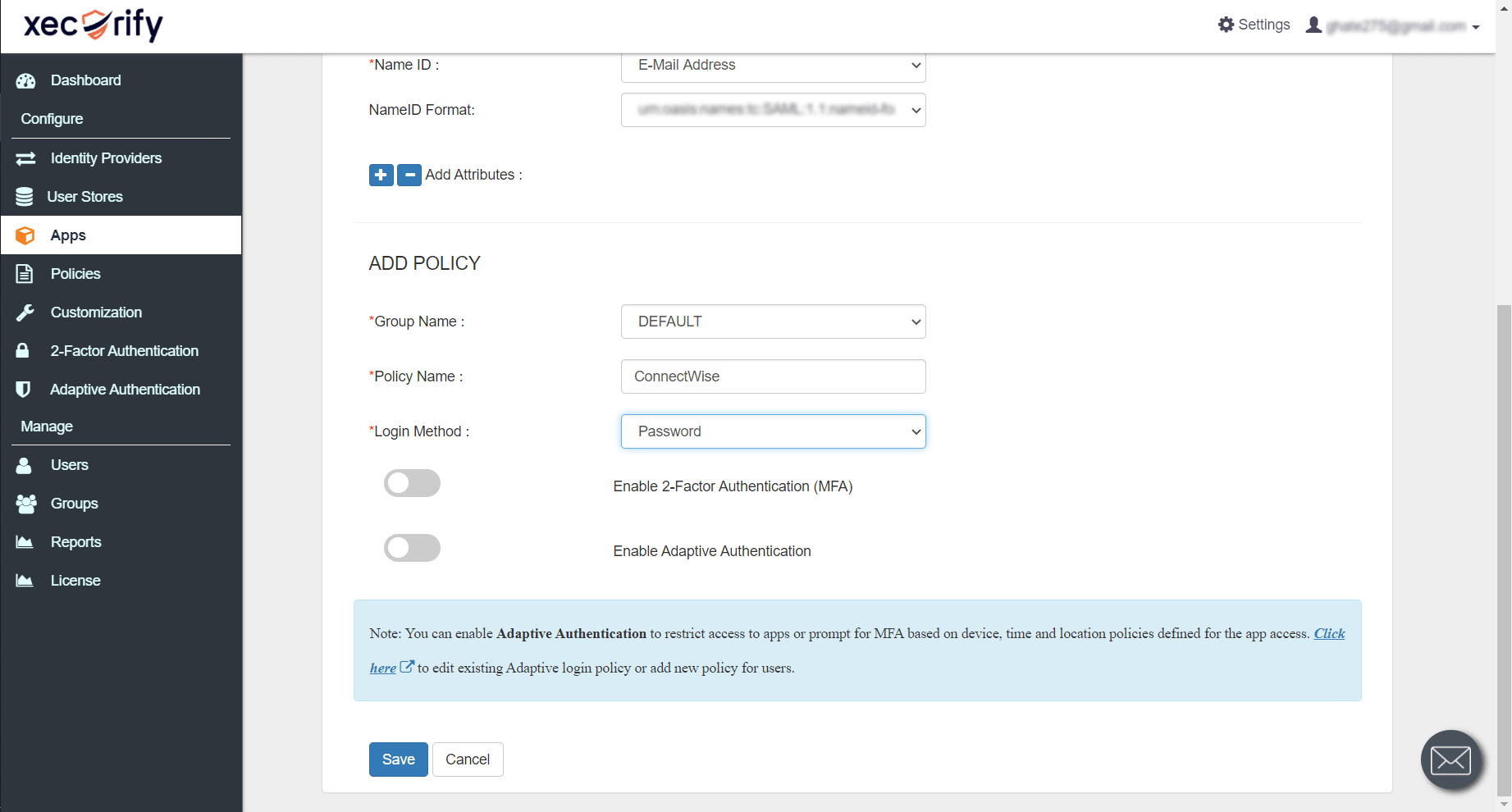 ConnectWise Single Sign On SSO click on add policy