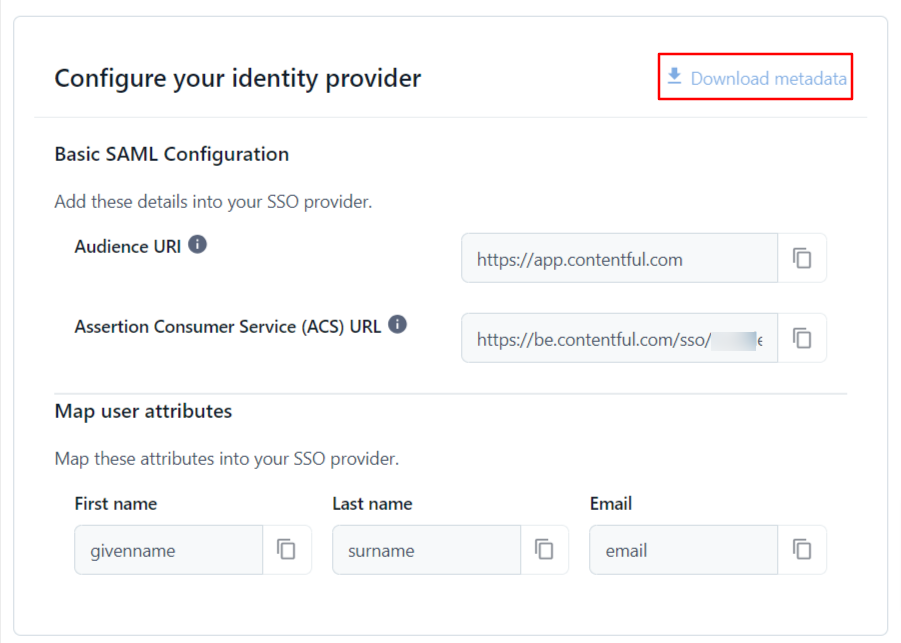 Contentful SSO (Single Sign-On): Download SAML Metadata file