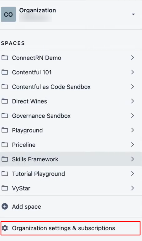Contentful SSO (Single Sign-On): Go to Organization settings & subscriptions