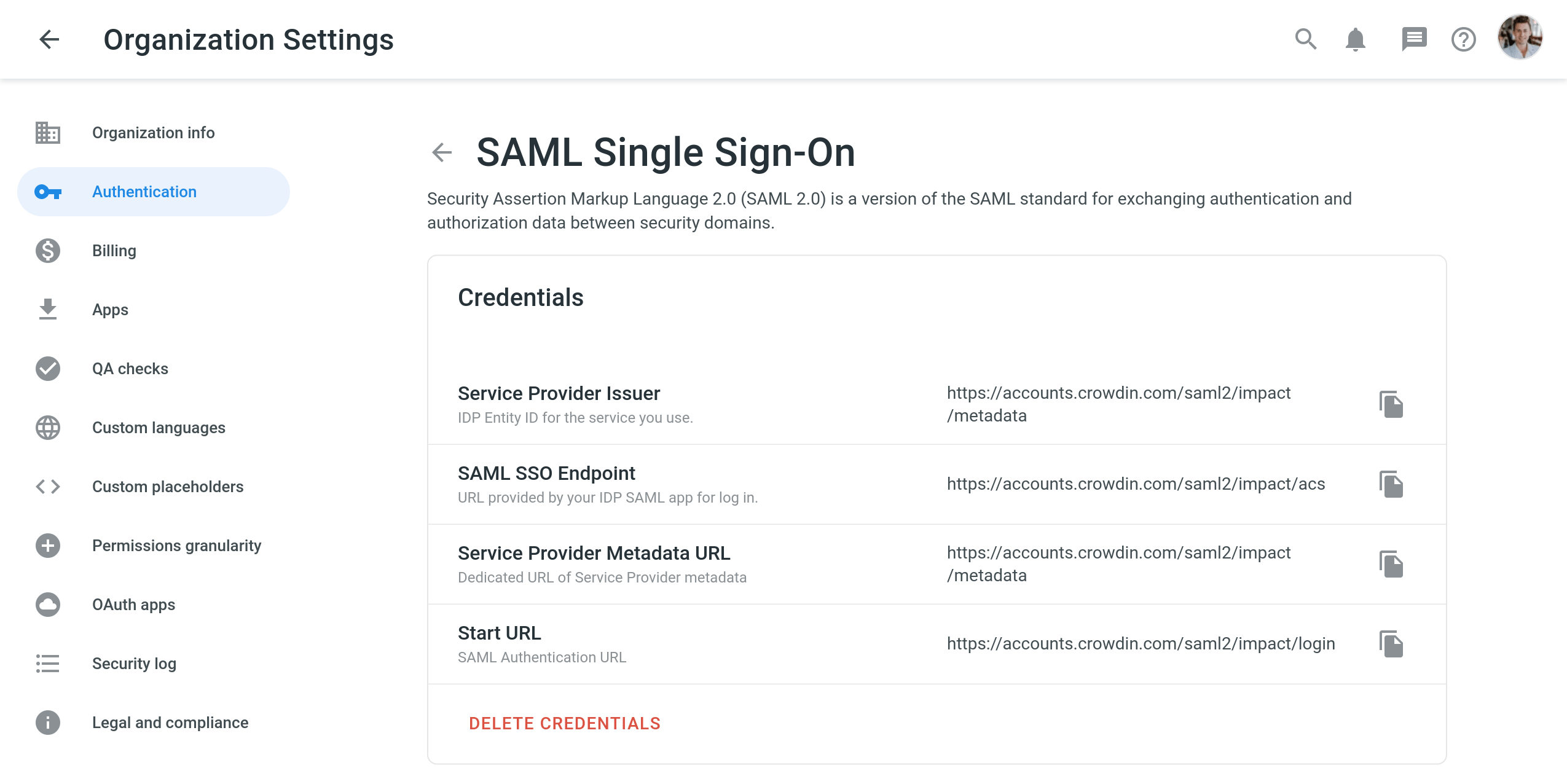 Crowdin saml_service_provider_credentials